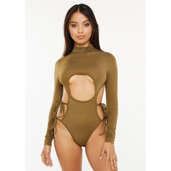 Savage X Fenty Bodysuit Green Shine Strapy Teddy Thong Mock Neck Size M - Picture 2 of 9